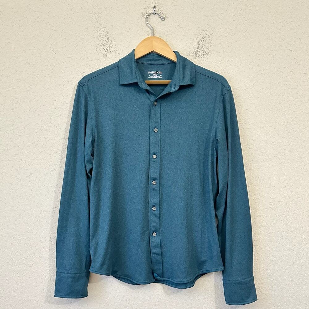 UNTUCKit Perf Tee BD Shirt Teal Slim Fit Long Sleeve Stretch Performance